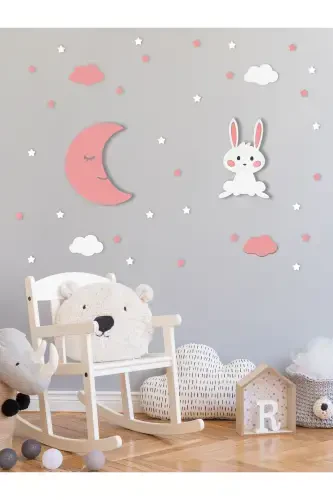 Wooden Moon and Rabbit Figured Baby and Children's Room Decorative LED Lighting/Night Lamp 2-Piece Set-Pink - UNIQRAFT DESIGN (1)