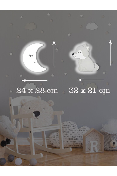 Wooden Moon And Wolf Figure Baby And Children's Room Decorative Led Lighting/Night Lamp 2-piece Set - 3