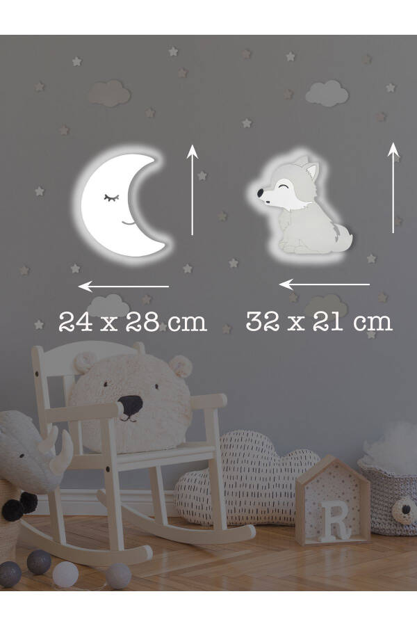 Wooden Moon And Wolf Figure Baby And Children's Room Decorative Led Lighting/Night Lamp 2-piece Set - 3