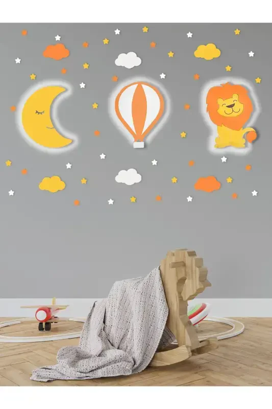 Wooden Moon Balloon And Lion Figured Baby And Kid Room Decorative Lighting/Night Lamp 3pcs Set-Yellow - 1
