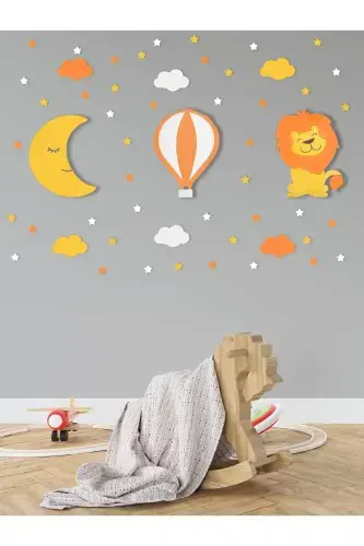 Wooden Moon Balloon And Lion Figured Baby And Kid Room Decorative Lighting/Night Lamp 3pcs Set-Yellow - UNIQRAFT DESIGN (1)