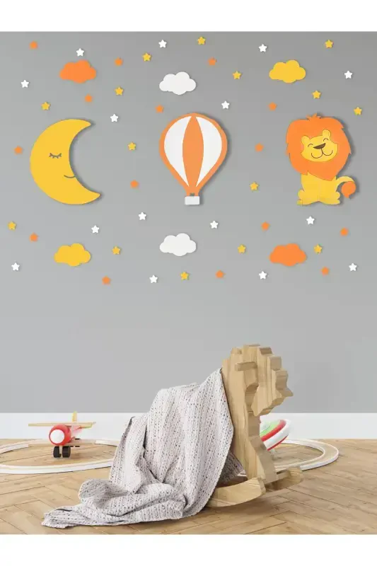 Wooden Moon Balloon And Lion Figured Baby And Kid Room Decorative Lighting/Night Lamp 3pcs Set-Yellow - 2