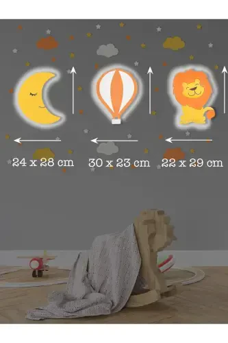 Wooden Moon Balloon And Lion Figured Baby And Kid Room Decorative Lighting/Night Lamp 3pcs Set-Yellow - 3