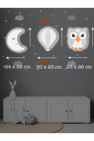 Wooden Moon Balloon And Owl Figurine Baby And Children's Room Decorative Lighting/Night Lamp 3 Piece Set - 3