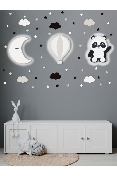 Wooden Moon Balloon And Panda Figurine Baby And Children's Room Decorative Led Lighting/Night Light 3 Piece Set - 1