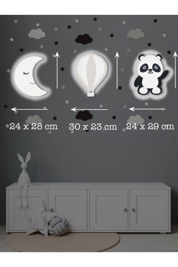 Wooden Moon Balloon And Panda Figurine Baby And Children's Room Decorative Led Lighting/Night Light 3 Piece Set - 3