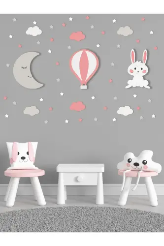 Wooden Moon Balloon And Rabbit Figured Baby And Kids Room Decorative Lighting/night Light 3-Piece Set - Grey-Pink-White - 2
