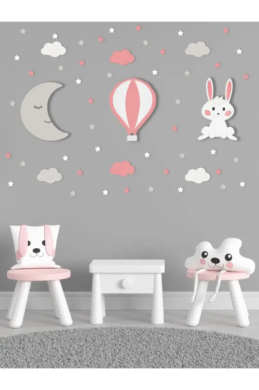 Wooden Moon Balloon And Rabbit Figured Baby And Kids Room Decorative Lighting/night Light 3-Piece Set - Grey-Pink-White - 2
