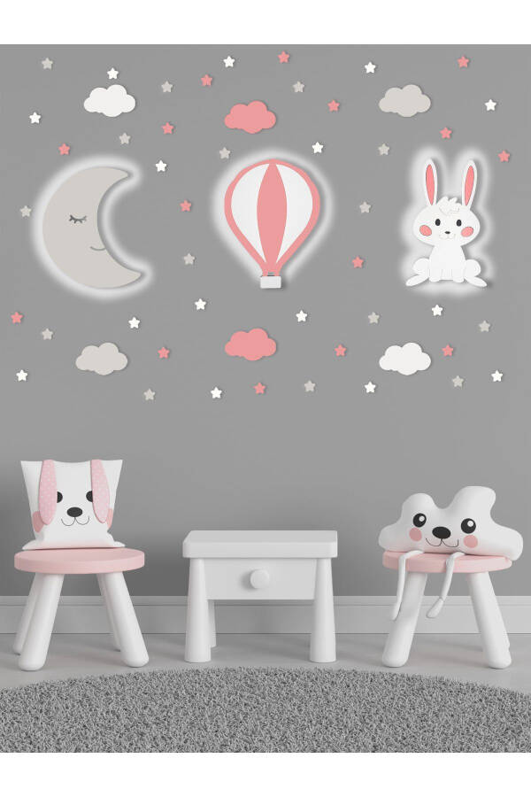 Wooden Moon Balloon and Rabbit Figurine Baby and Children's Room Decorative Lighting/Night Lamp 3 Piece Set - 1