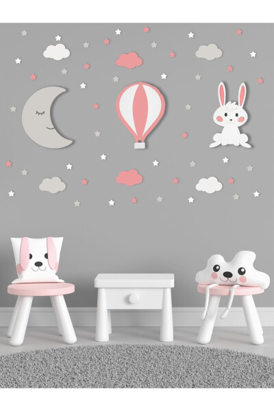 Wooden Moon Balloon and Rabbit Figurine Baby and Children's Room Decorative Lighting/Night Lamp 3 Piece Set - 2