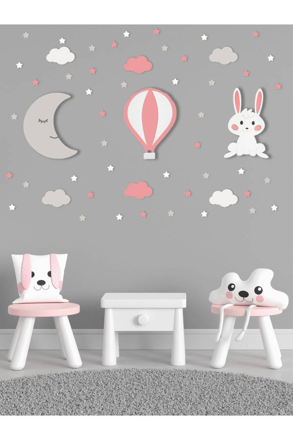 Wooden Moon Balloon and Rabbit Figurine Baby and Children's Room Decorative Lighting/Night Lamp 3 Piece Set - 2