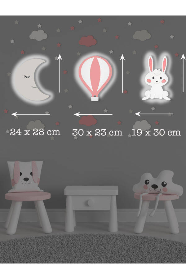 Wooden Moon Balloon and Rabbit Figurine Baby and Children's Room Decorative Lighting/Night Lamp 3 Piece Set - 3