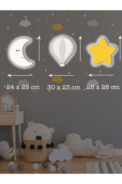 Wooden Moon Balloon and Star Figured Baby and Children's Room Decorative Lighting/Night Lamp 3-Piece Set - 3