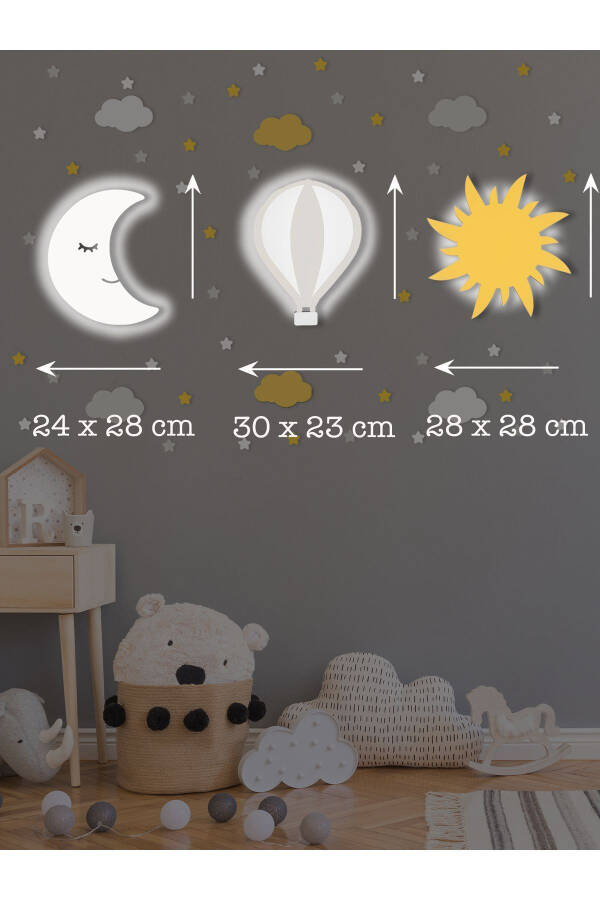 Wooden Moon Balloon And Sun Figure Baby And Children's Room Decorative Led Lighting/Night Lamp 3-Piece Set - 3