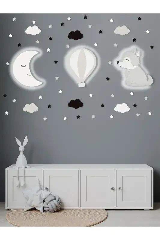 Wooden Moon Balloon and Wolf Figured Baby and Kids Room Decorative Led Lighting/Night Lamp 3-Piece Set-Gray - Modazone