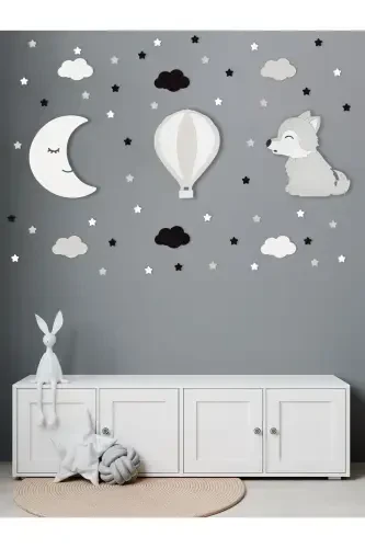 Wooden Moon Balloon and Wolf Figured Baby and Kids Room Decorative Led Lighting/Night Lamp 3-Piece Set-Gray - Modazone (1)