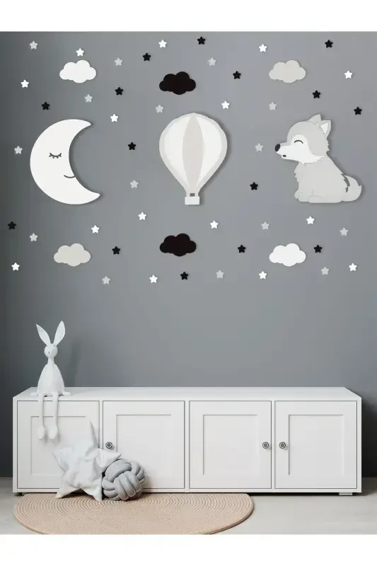 Wooden Moon Balloon and Wolf Figured Baby and Kids Room Decorative Led Lighting/Night Lamp 3-Piece Set-Gray - 2