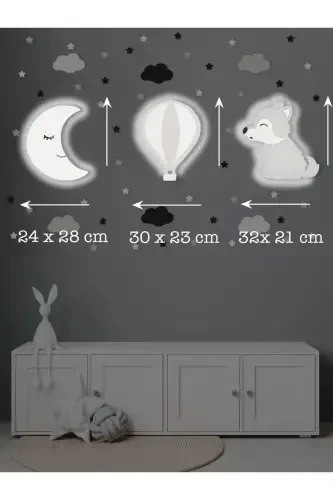 Wooden Moon Balloon and Wolf Figured Baby and Kids Room Decorative Led Lighting/Night Lamp 3-Piece Set-Gray - 3