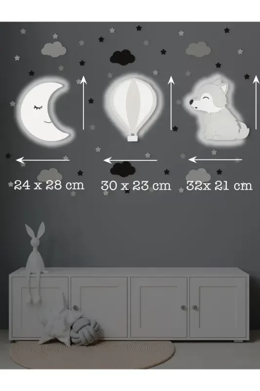 Wooden Moon Balloon and Wolf Figured Baby and Kids Room Decorative Led Lighting/Night Lamp 3-Piece Set-Gray - 3