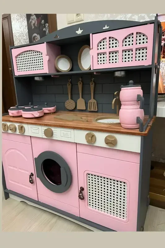 Wooden Painted Toy Kitchen and Teapot Pot Pan Set ( 1 LED Lighting Gift) - GENEL MARKALAR