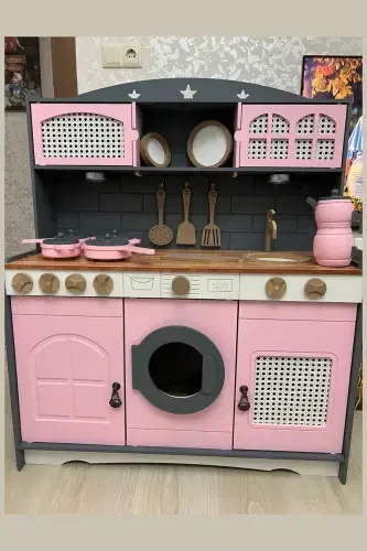 Wooden Painted Toy Kitchen and Teapot Pot Pan Set ( 1 LED Lighting Gift) - 2