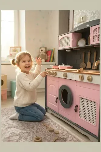 Wooden Painted Toy Kitchen and Teapot Pot Pan Set ( 1 LED Lighting Gift) - 3