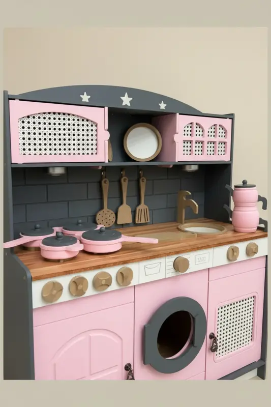 Wooden Painted Toy Kitchen and Teapot Pot Pan Set ( 1 LED Lighting Gift) - 4