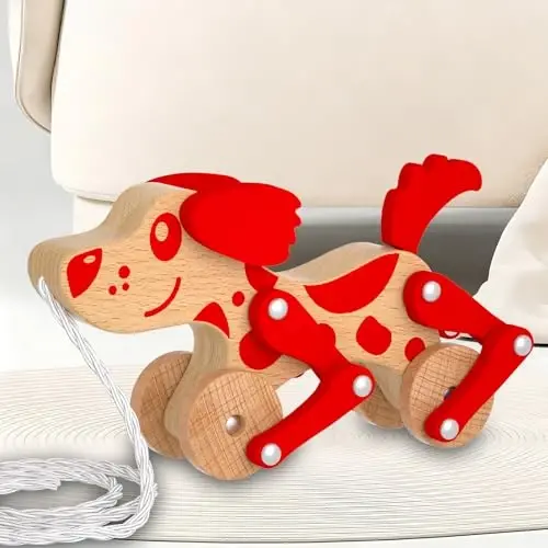 Wooden Pull Along Toy for Toddlers, Montessori Walking Pull Dog Toy (Red) | Wooden Pull Toy for Toddlers 1-3, Exquisite Look, Strong and Durable - WOODEN (1)