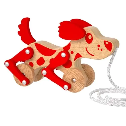 Wooden Pull Along Toy for Toddlers, Montessori Walking Pull Dog Toy (Red) | Wooden Pull Toy for Toddlers 1-3, Exquisite Look, Strong and Durable 