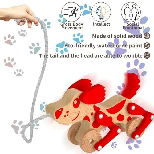 Wooden Pull Along Toy for Toddlers, Montessori Walking Pull Dog Toy (Red) | Wooden Pull Toy for Toddlers 1-3, Exquisite Look, Strong and Durable - 3