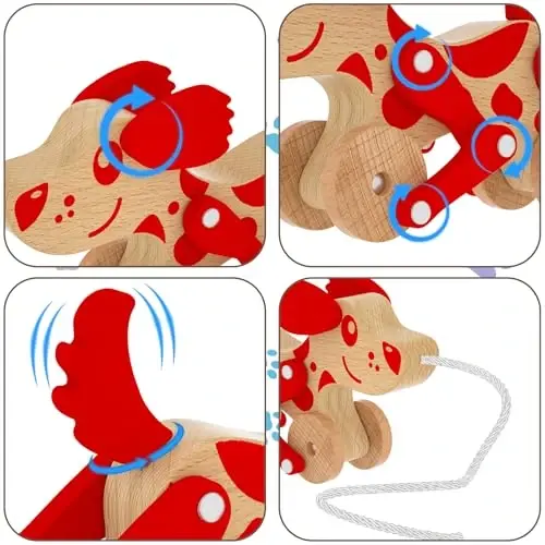 Wooden Pull Along Toy for Toddlers, Montessori Walking Pull Dog Toy (Red) | Wooden Pull Toy for Toddlers 1-3, Exquisite Look, Strong and Durable - 4