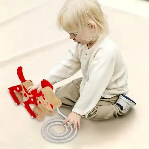 Wooden Pull Along Toy for Toddlers, Montessori Walking Pull Dog Toy (Red) | Wooden Pull Toy for Toddlers 1-3, Exquisite Look, Strong and Durable - 6