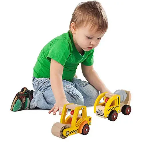 Wooden Push Car Toys for Infants 12-18 Months, 2 Pcs Baby Vehicle Toys Hand Push Car Toys for 1 2 Year Old Boys Girls (Cement Truck + Road Roller car) - 17