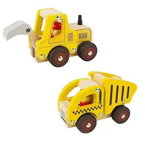Wooden Push Car Toys for Infants 18 Months, 2 Pcs Baby Vehicle Toys Hand Push Car Toys for 2 Year Old Boys Girls (Excavator + Truck) - 1