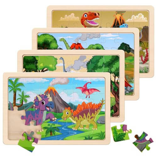 Wooden Puzzles Dinosaur Toys for Kids Ages 3-5, Set of 4 Packs with 20-Piece Wood Jigsaw Puzzles, Preschool Educational Brain Teaser Boards for Boys and Girls 3 4 5 6 Years Old - 43