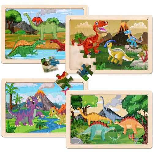 Wooden Puzzles Dinosaur Toys for Kids Ages 3-5, Set of 4 Packs with 20-Piece Wood Jigsaw Puzzles, Preschool Educational Brain Teaser Boards for Boys and Girls 3 4 5 6 Years Old - 45