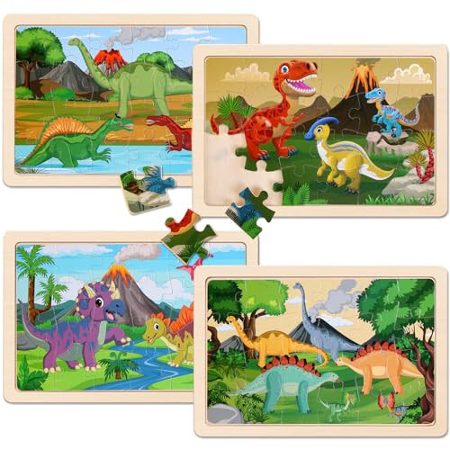 Wooden Puzzles Dinosaur Toys for Kids Ages 3-5, Set of 4 Packs with 20-Piece Wood Jigsaw Puzzles, Preschool Educational Brain Teaser Boards for Boys and Girls 3 4 5 6 Years Old - 38