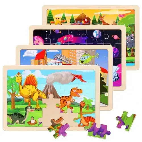 Wooden Puzzles Toys for Kids Ages 3-5, Set of 4 Packs Dinosaur, Space, Transportation Wood Toddler Puzzles, Preschool Brain Teaser Toys for Boys and Girls 2 3 4 5 6 Years Old - 1
