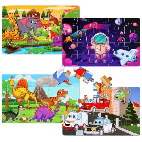 Wooden Puzzles Toys for Kids Ages 3-5, Set of 4 Packs Dinosaur, Space, Transportation Wood Toddler Puzzles, Preschool Brain Teaser Toys for Boys and Girls 2 3 4 5 6 Years Old - WOODEN (1)