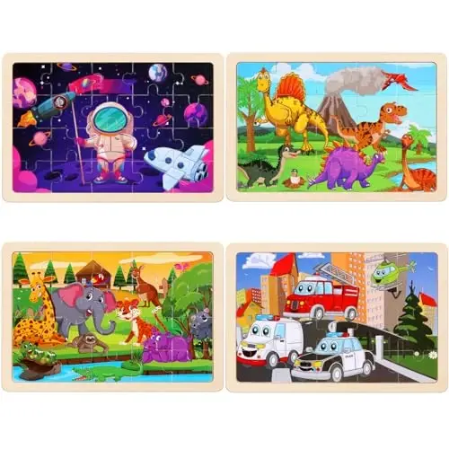 Wooden Puzzles Toys for Kids Ages 3-5, Set of 4 Packs Dinosaur, Space, Transportation Wood Toddler Puzzles, Preschool Brain Teaser Toys for Boys and Girls 2 3 4 5 6 Years Old - 3