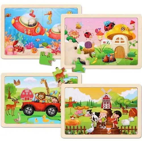 Wooden Puzzles Toys for Kids Ages 3-5, Set of 4 Packs with 20-Piece Farm, Animals Theme Wood Jigsaw Puzzles, Preschool Educational Brain Teaser Toys for Boys and Girls 3-6 Years Old. - 2