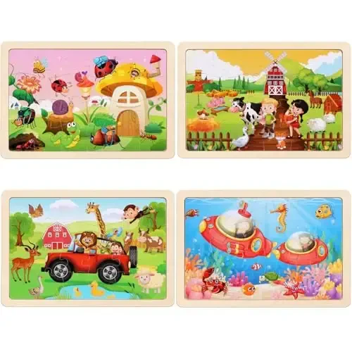 Wooden Puzzles Toys for Kids Ages 3-5, Set of 4 Packs with 20-Piece Farm, Animals Theme Wood Jigsaw Puzzles, Preschool Educational Brain Teaser Toys for Boys and Girls 3-6 Years Old. - 3