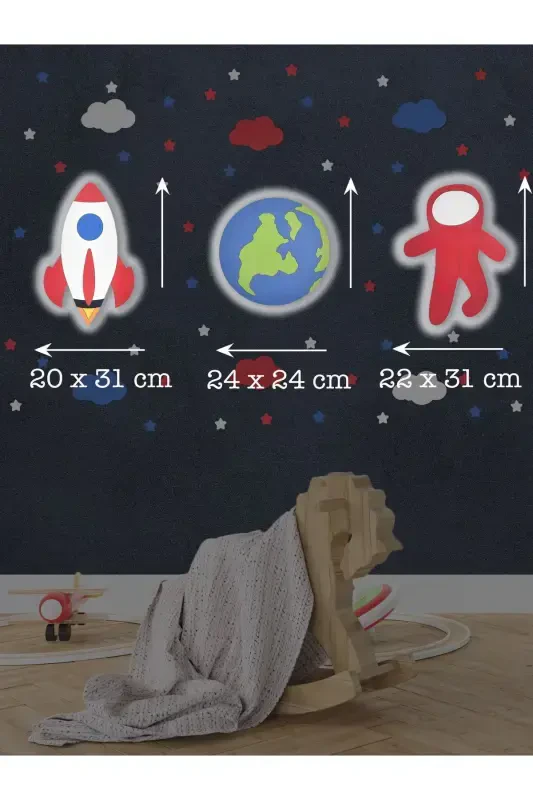 Wooden Rocket World and Astronaut Figured Children's Room Decorative Led Lighting/Night Lamp 3-Piece Set-Gray - 3