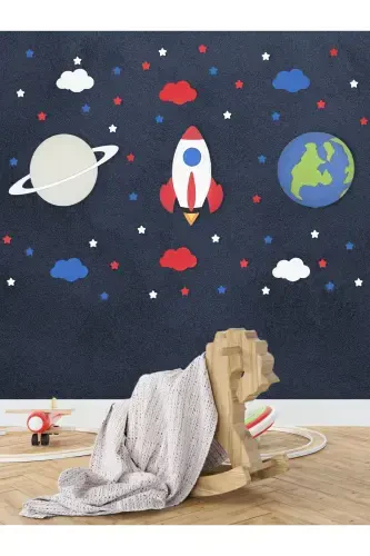 Wooden Saturn Rocket and World Figured Children's Room Decorative Led Lighting/Night Lamp 3 Set-Gray - UNIQRAFT DESIGN (1)