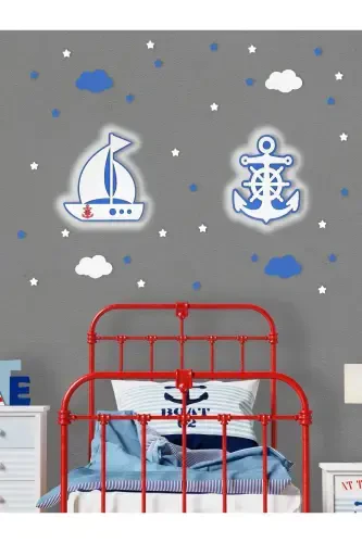 Wooden Ship and Anchor Figured Baby and Children's Room Decorative LED Lighting/Night Lamp 2-Piece Set-Blue - 1