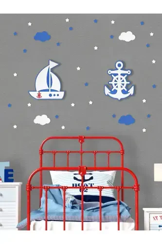 Wooden Ship and Anchor Figured Baby and Children's Room Decorative LED Lighting/Night Lamp 2-Piece Set-Blue - UNIQRAFT DESIGN (1)