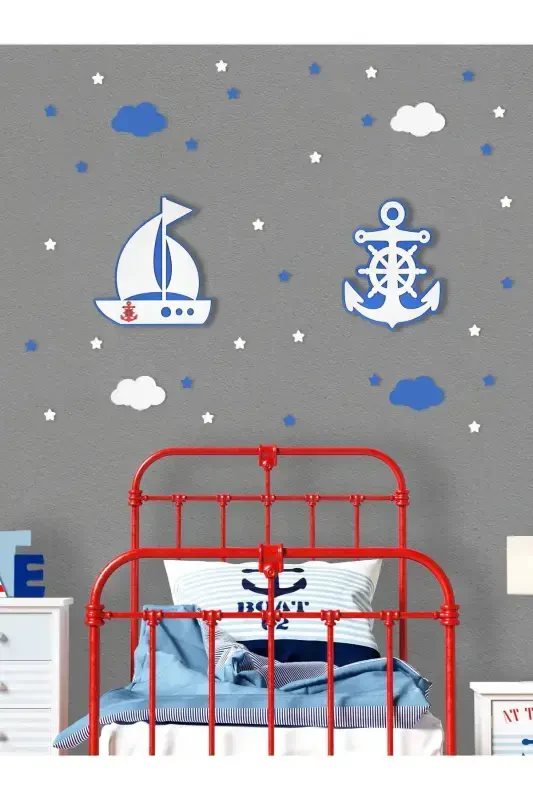 Wooden Ship and Anchor Figured Baby and Children's Room Decorative LED Lighting/Night Lamp 2-Piece Set-Blue - 2