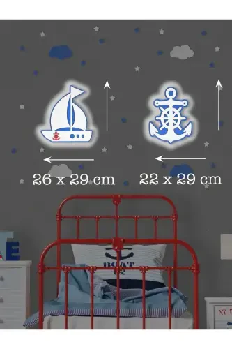 Wooden Ship and Anchor Figured Baby and Children's Room Decorative LED Lighting/Night Lamp 2-Piece Set-Blue - 3
