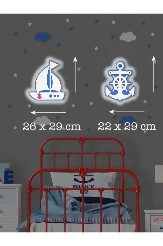 Wooden Ship and Anchor Figured Baby and Children's Room Decorative LED Lighting/Night Lamp 2-Piece Set-Blue - 3