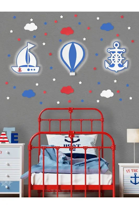 Wooden Ship Balloon And Anchor Figured Children's Room Decorative Led Lighting/Night Lamp 3 Set-Blue - UNIQRAFT DESIGN
